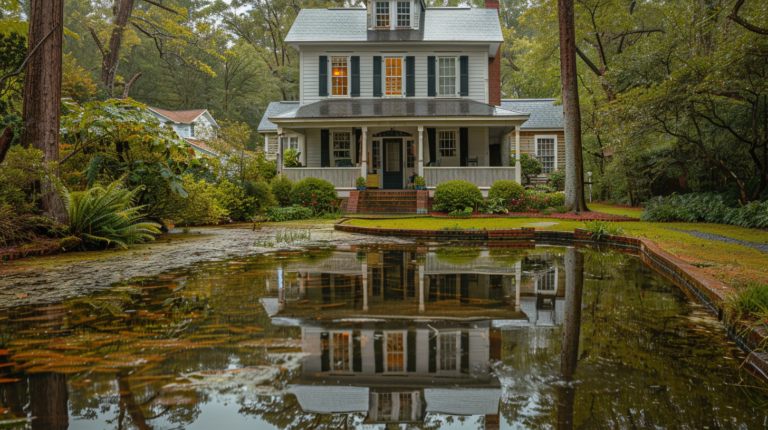 Traditional two-story home with a reflection in a pond in a lush garden setting in South Carolina.