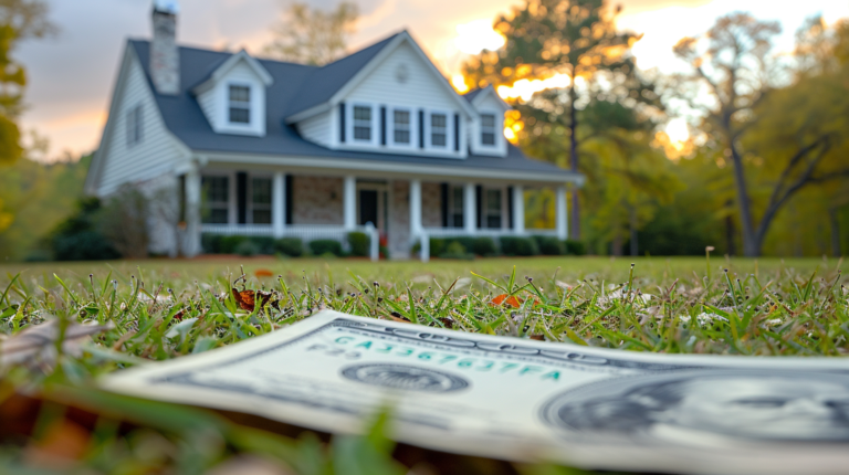 Close-up of a one hundred dollar bill on the grass, with a blurry traditional two-story house in the background during sunset.